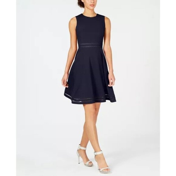 Calvin Klein Dresses & Skirts - Calvin Klein Women Navy Illusion- Trim Ponte Fit and Flare Dress Size 14 Career